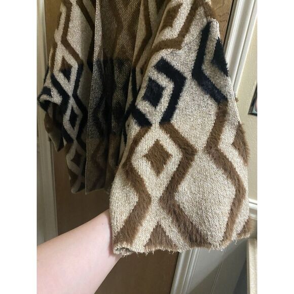 Jodifl Tan Brown Black Geometric Faux Hair Print Cardigan Sz L Western Soft Open - Picture 9 of 16